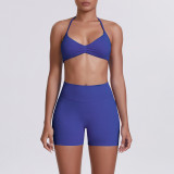Cross-border seamless solid color halter neck bra and shorts yoga outfit set, tight-fitting running and fitness two-piece set
