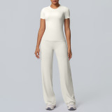 Cross-border double-sided brushed solid color tight-fitting training long-sleeve wide-leg yoga outfit set for sports, running, and fitness two-piece set