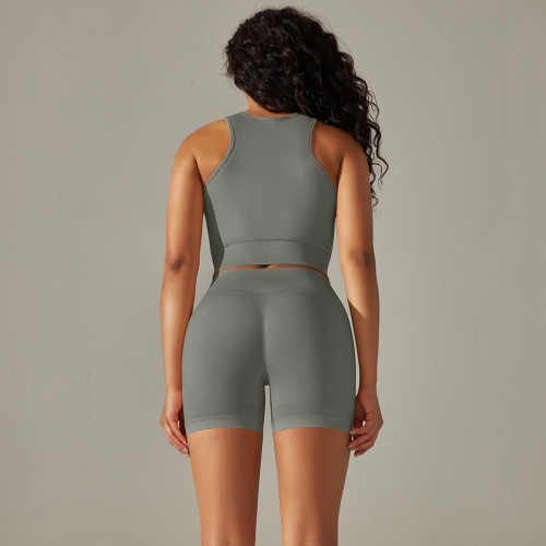 Cross-border women's seamless knitted solid color tank top and butt-lifting shorts yoga set for sports, running, and fitness