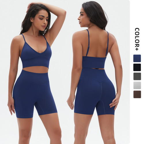 Cross-border seamless knitted solid color high-elastic tight-fitting sexy yoga outfit set with camisole and beautiful back design for running and fitness two-piece set