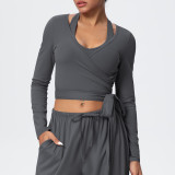 New cross-border solid color brushed breathable tight-fitting high-elastic yoga outfit set for sports, running, fitness, and yoga - three-piece set