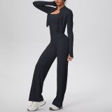 Cross-border solid color brushed tight-fitting tank top, wide-leg long pants, three-piece sports running fitness yoga outfit set