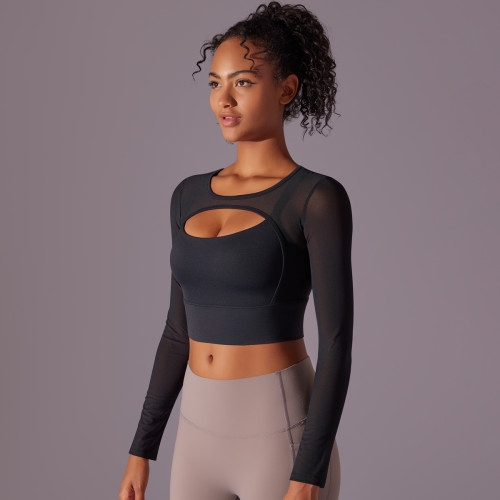 Cross-border mesh semi-transparent sexy double-panel tight-fitting long-sleeve elastic yoga sports fitness top for women