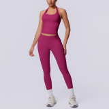 New cross-border seamless solid color halter neck backless tight-fitting sports running fitness yoga two-piece set