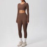 In-stock cross-border solid color double-sided brushed breathable high-elasticity tight-fitting yoga outfit set for sports, running, and fitness two-piece set
