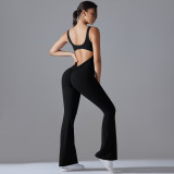 New cross-border solid color back-enhancing, hip-lifting, long slim-fit wide-leg jumpsuit for sports, running, fitness, and yoga