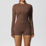 In-stock cross-border double-sided brushed solid color tight-fitting zip-up jacket yoga outfit sports running fitness set for women