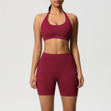 Cross-border seamless backless halter neck sports bra and shorts yoga outfit set, tight-fitting running and fitness two-piece set