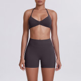 Cross-border seamless solid color halter neck bra and shorts yoga outfit set, tight-fitting running and fitness two-piece set