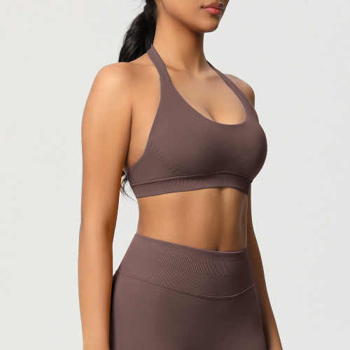 Cross-border solid color seamless backless high-elasticity tight-fitting halter neck sports bra for running, fitness, and yoga for women