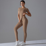 New solid color double-sided brushed tight-fitting high-elastic breathable yoga outfit set for women, suitable for running, fitness, and sports