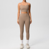 New cross-border double-sided brushed solid color backless tight-fitting breathable yoga outfit set for sports, running, and fitness two-piece set