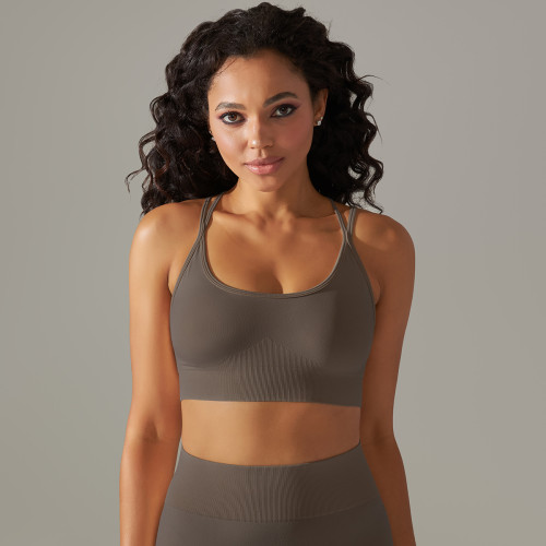 European and American cross-border seamless knitted solid color breathable cross-back sports bra for running, fitness, and yoga