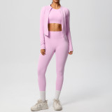 In-stock cross-border solid color brushed breathable tight-fitting fitness jacket three-piece sports running yoga outfit for women