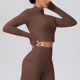New cross-border solid color brushed zipper short long-sleeve jacket yoga wear sports running fitness yoga top for women
