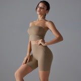 New one-piece sports bra, anti-slip and anti-exposure tube top yoga outfit set with base layer fitness shorts two-piece set