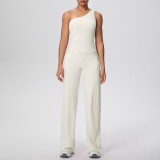 New cross-border double-sided brushed fabric, naked-feel, solid color, tight-fitting, high-elasticity sports suit for running, fitness, and yoga, two-piece set