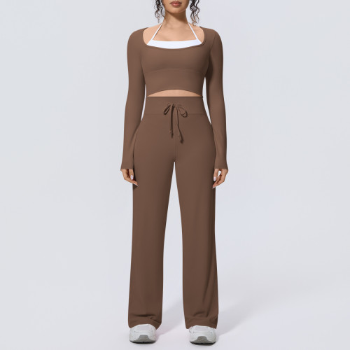 Cross-border solid color two-tone nude-feel tight-fitting high-elasticity faux two-piece yoga outfit set for women for sports, running, and fitness