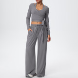 New cross-border solid color double-sided brushed drawstring long-sleeve vest three-piece sports running fitness yoga outfit set