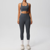 European and American cross-border yoga double-sided brushed vest with shockproof pocket pants, Pilates running fitness yoga two-piece set
