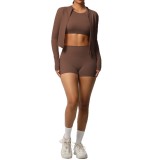New cross-border solid color nude-feel brushed long-sleeve jacket tight-fitting three-piece sports running fitness yoga outfit set