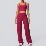 New cross-border brushed solid color backless tight-fitting breathable wide-leg yoga outfit set for sports, running, and fitness two-piece set