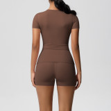 In-stock cross-border double-sided brushed solid color tight-fitting high-elastic shorts sports suit for running, fitness, and yoga for women