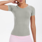 Cross-border European and American seamless knitted solid color breathable tight-fitting short-sleeve T-shirt for sports, running, fitness, and yoga for women
