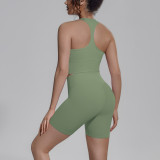 Cross-border solid color double-sided nylon tight-fitting breathable yoga outfit set for women, suitable for training, sports, running, and fitness
