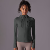 New double-sided nylon solid color zippered pocket hooded sports jacket for running, fitness, and yoga, long-sleeved jacket for women