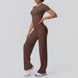 Cross-border double-sided brushed solid color tight-fitting training long-sleeve wide-leg yoga outfit set for sports, running, and fitness two-piece set