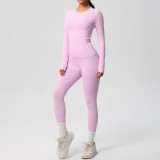 In-stock cross-border double-sided brushed solid color tight-fitting long-sleeve yoga outfit set for sports, running, and fitness two-piece set
