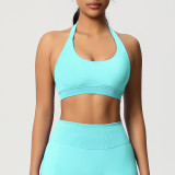 Cross-border solid color seamless backless high-elasticity tight-fitting halter neck sports bra for running, fitness, and yoga for women