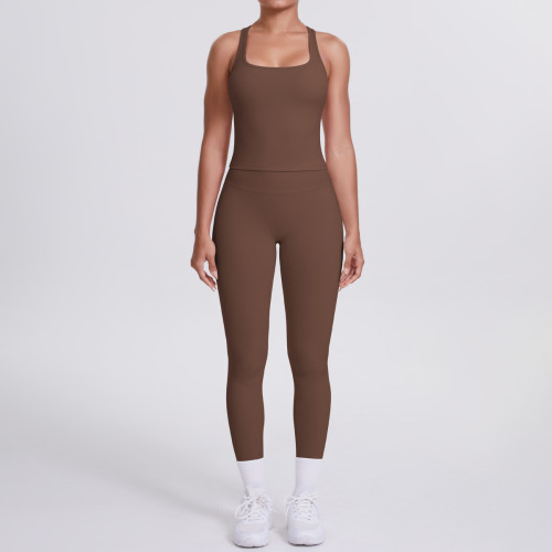Cross-border European and American double-sided brushed solid color tight-fitting racerback sports suit for running, fitness, and yoga two-piece set
