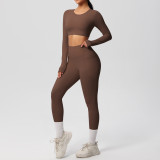 In-stock cross-border solid color double-sided brushed breathable high-elasticity tight-fitting yoga outfit set for sports, running, and fitness two-piece set