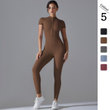 New solid color zippered tight-fitting high-elastic short-sleeved jumpsuit for sports, fitness, running, and yoga