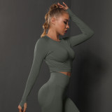 Cross-border European and American seamless tight-fitting solid color ruched sports long-sleeve top, high-elastic breathable running fitness yoga wear for women