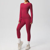 In-stock cross-border double-sided brushed solid color tight-fitting long-sleeve yoga outfit set for sports, running, and fitness two-piece set