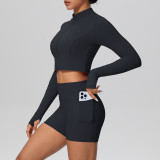 In-stock cross-border solid color brushed fabric nude-feel short jacket set with tight-fitting pocket shorts, two-piece fitness yoga outfit