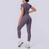 Cross-border European and American seamless knitted solid color tight-fitting breathable long yoga outfit set for sports, running, and fitness two-piece set