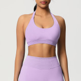 Cross-border solid color seamless backless high-elasticity tight-fitting halter neck sports bra for running, fitness, and yoga for women
