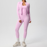 Cross-border European and American solid color brushed fabric breathable strap yoga outfit set, three-piece running and fitness sportswear for women