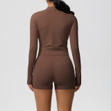 In-stock cross-border double-sided brushed solid color tight-fitting zip-up jacket yoga outfit sports running fitness set for women