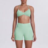 Cross-border seamless solid color halter neck bra and shorts yoga outfit set, tight-fitting running and fitness two-piece set