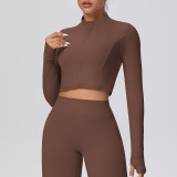 New cross-border solid color brushed zipper short long-sleeve jacket yoga wear sports running fitness yoga top for women