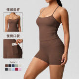 European and American cross-border solid color cloud-feel yoga pants with pockets, sports fitness breathable tank top, two-piece yoga outfit