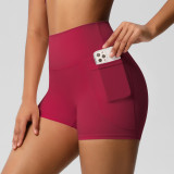 Cross-border European and American brushed solid color pocket high-waisted tight high-elastic yoga shorts for women, suitable for sports, running, and fitness