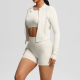 Cross-border cloud-feel brushed short-sleeve sports zip-up jacket, pocket shorts, butt-lifting fitness yoga outfit three-piece set