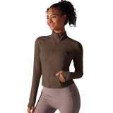 New solid color stand-up collar long zipper long-sleeve jacket, brushed tight-fitting sports running fitness yoga top for women