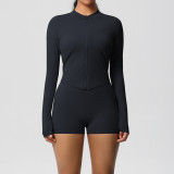 In-stock cross-border double-sided brushed solid color tight-fitting zip-up jacket yoga outfit sports running fitness set for women